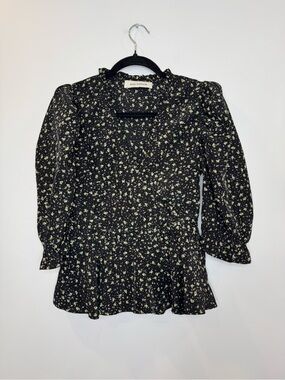 Sofie Schnoor Floral Peplum Wrap Blouse in Black Green Accent ruffle sz XS